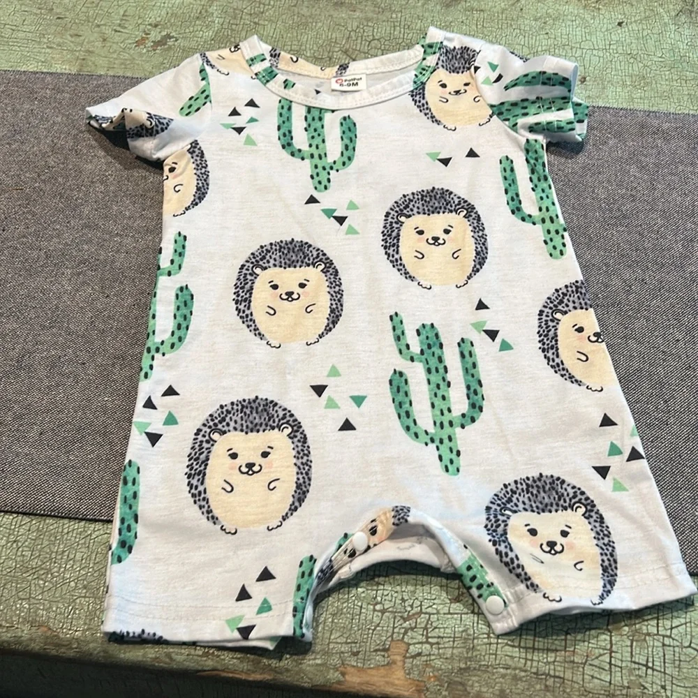 Gender Neutral 3-6 month one piece rompers - hedgehog shorts, Palm Long Pants